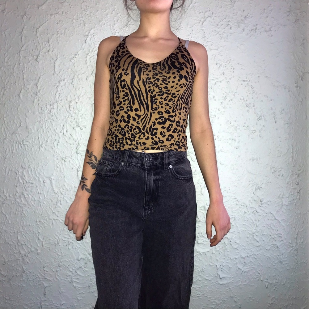 GAZE Brown and Black Leopard and Zebra Print Halter Crop Top